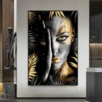 African-Make-Up-Women-With-Black-Gold-Leaves-Canvas-Painting-Modern-Figure-Wall-Art-Poster-Print