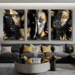 African-Make-Up-Women-With-Black-Gold-Leaves-Canvas-Painting-Modern-Figure-Wall-Art-Poster-Print