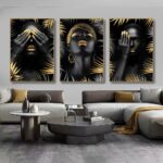 African-Make-Up-Women-With-Black-Gold-Leaves-Canvas-Painting-Modern-Figure-Wall-Art-Poster-Print