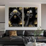 African-Make-Up-Women-With-Black-Gold-Leaves-Canvas-Painting-Modern-Figure-Wall-Art-Poster-Print