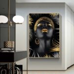 African-Make-Up-Women-With-Black-Gold-Leaves-Canvas-Painting-Modern-Figure-Wall-Art-Poster-Print