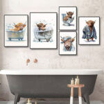 Highland-Cow-In-A-Bathrobe-Prints-Funny-Bathroom-Canvas-Painting-Animal-On-Toilet-Whimsy-Animal-Funny